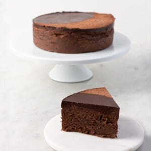 A chocolate cake sitting on top of a white plate.