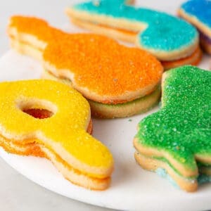 A plate of colorful sugar cookies with different shapes.