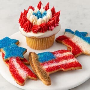 A plate of cookies and cupcakes with red, white and blue icing.
