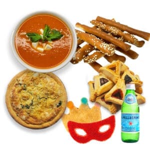 Purim - Individual Quiche, Homemade Soup, Homemade Bread Sticks, Assorted Hamentashen, Mask and Crown Sugar Cookie, Bottle of Pellegrino-Presented as a gift tower
