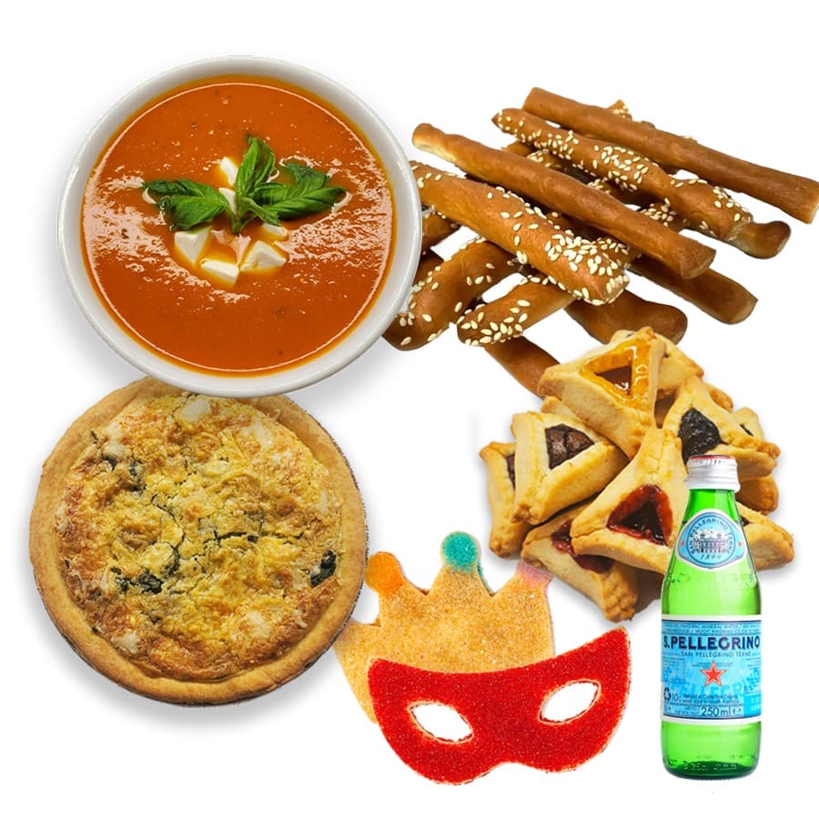 Purim - Individual Quiche, Homemade Soup, Homemade Bread Sticks, Assorted Hamentashen, Mask and Crown Sugar Cookie, Bottle of Pellegrino-Presented as a gift tower