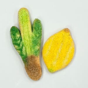 A cactus and lemon are on the table.
